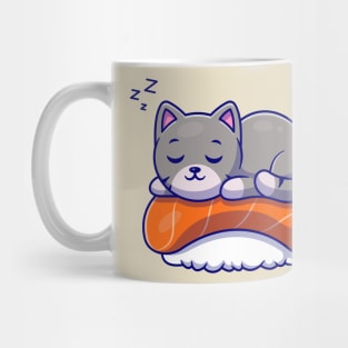 Cute Cat Sleeping On Sushi Salmon Cartoon Mug